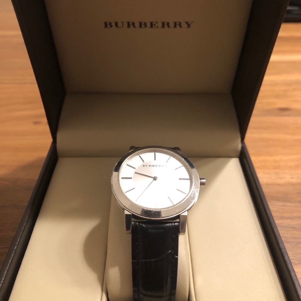 Men’s Burberry Black Leather, Silver Face Watch